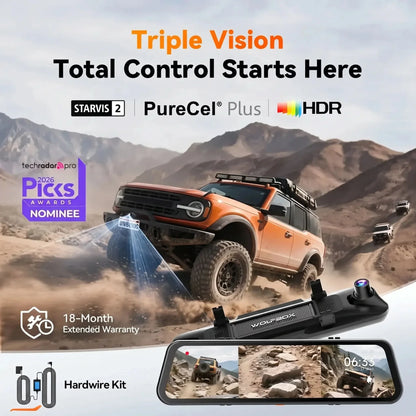 WOLFBOX HDR Rearview Mirror Dash Cam with 5.8GHz WiFi App Control 4K G900TriPro