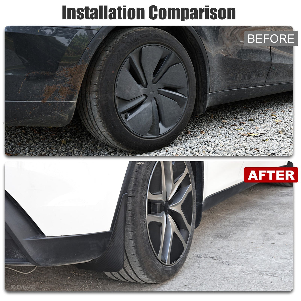 EVBASE Model Y Juniper Mud Flaps ABS Splash Guards All-Weather No Drilling Fender Mudguards- Hydro Carbon Fiber Coated