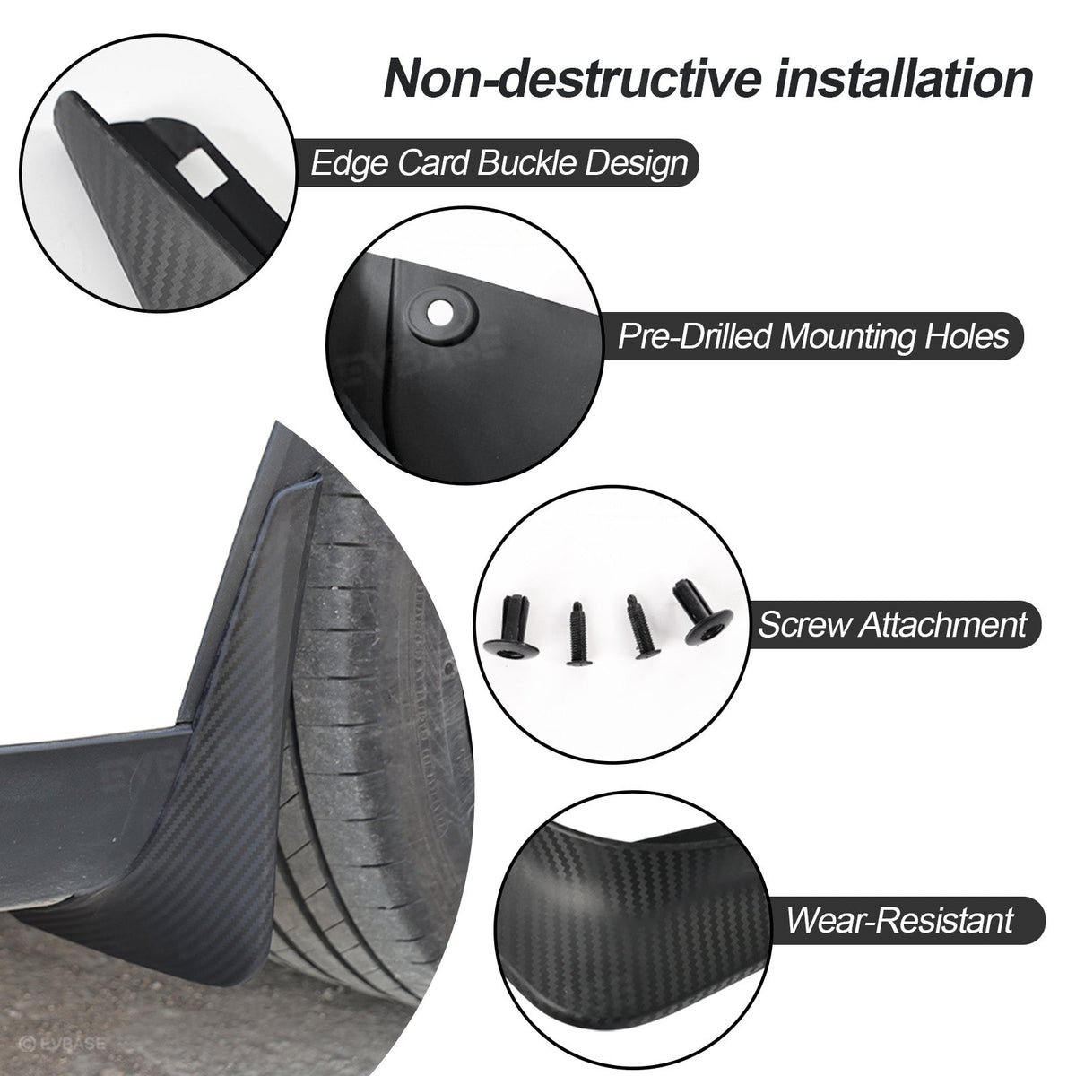 EVBASE Model Y Juniper Mud Flaps ABS Splash Guards All-Weather No Drilling Fender Mudguards- Hydro Carbon Fiber Coated