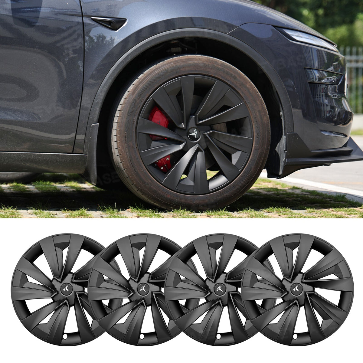 EVBASE Model Y Juniper 19 Inch Spiral Style Matte Wheel Covers & Center Hub Caps & Brake Caliper Cover Set Performance Look