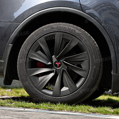 EVBASE Model Y Juniper 19 Inch Spiral Style Matte Wheel Covers & Center Hub Caps & Brake Caliper Cover Set Performance Look