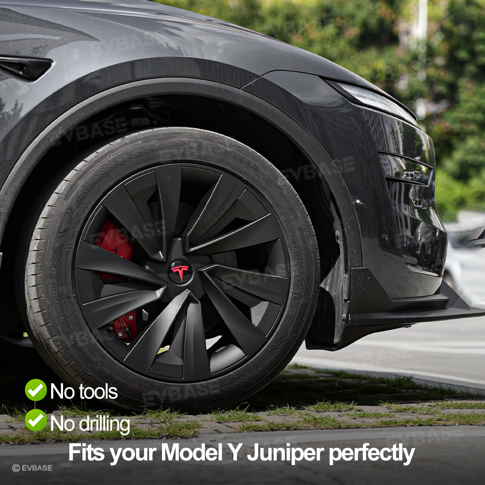 EVBASE Model Y Juniper 19 Inch Spiral Style Matte Wheel Covers & Center Hub Caps & Brake Caliper Cover Set Performance Look