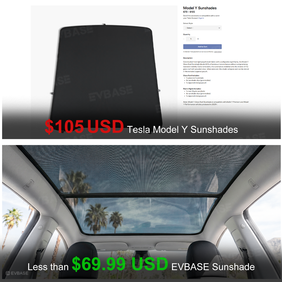 EVBASE Model Y Juniper/ 3 Highland Glass Roof Sunshade Heat Insulation UV Protection Sun Visor OEM-Style Sunroof & Rear