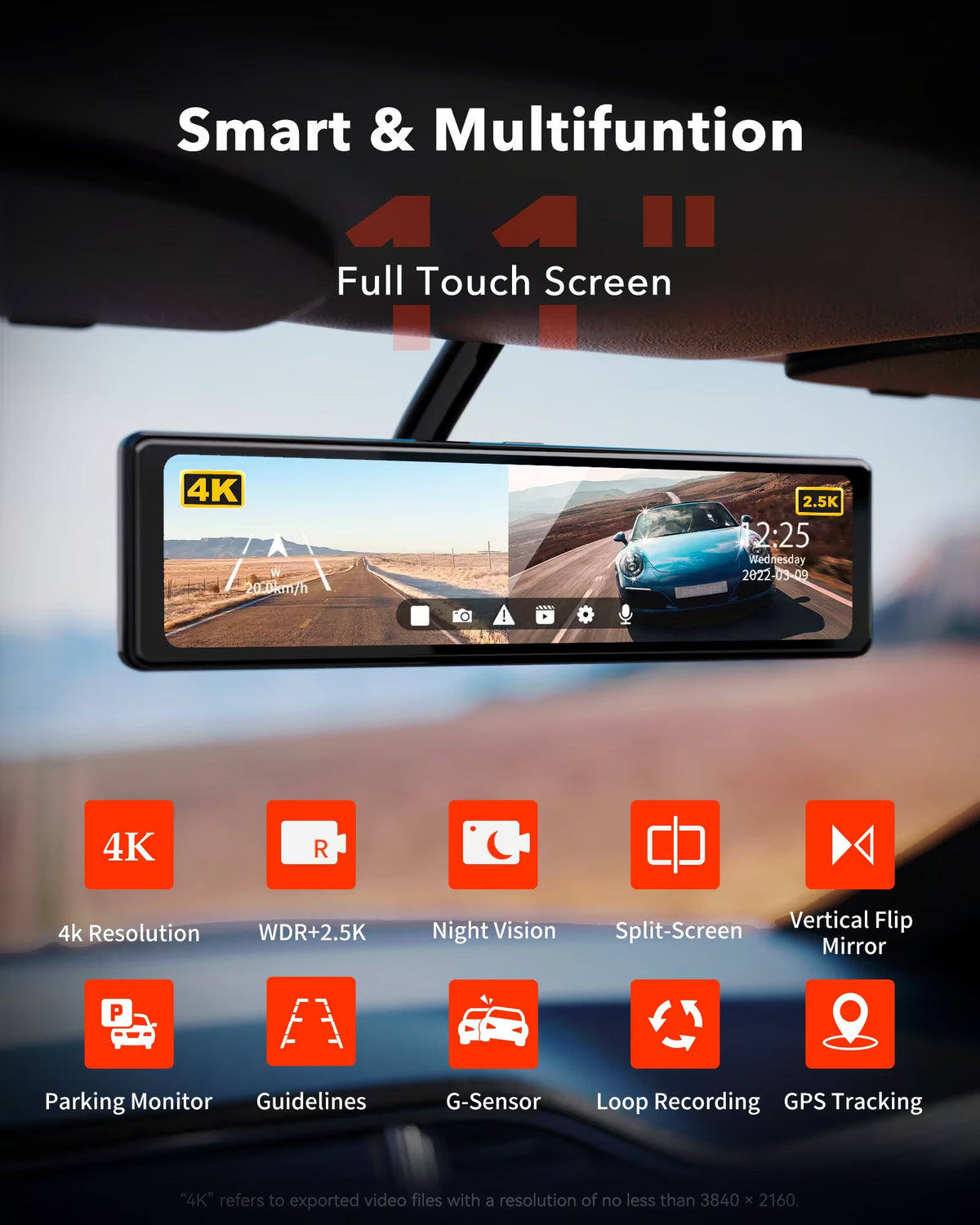 Redtiger T27 4K+2.5K Touchscreen Smart Parking Assist Dash Cam