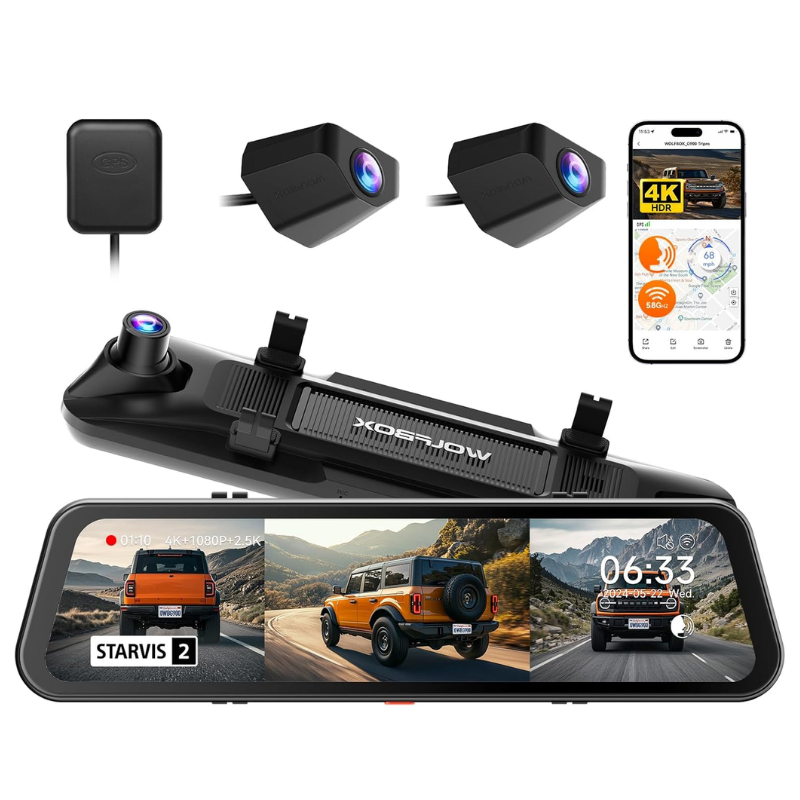 WOLFBOX HDR Rearview Mirror Dash Cam with 5.8GHz WiFi App Control 4K G900TriPro
