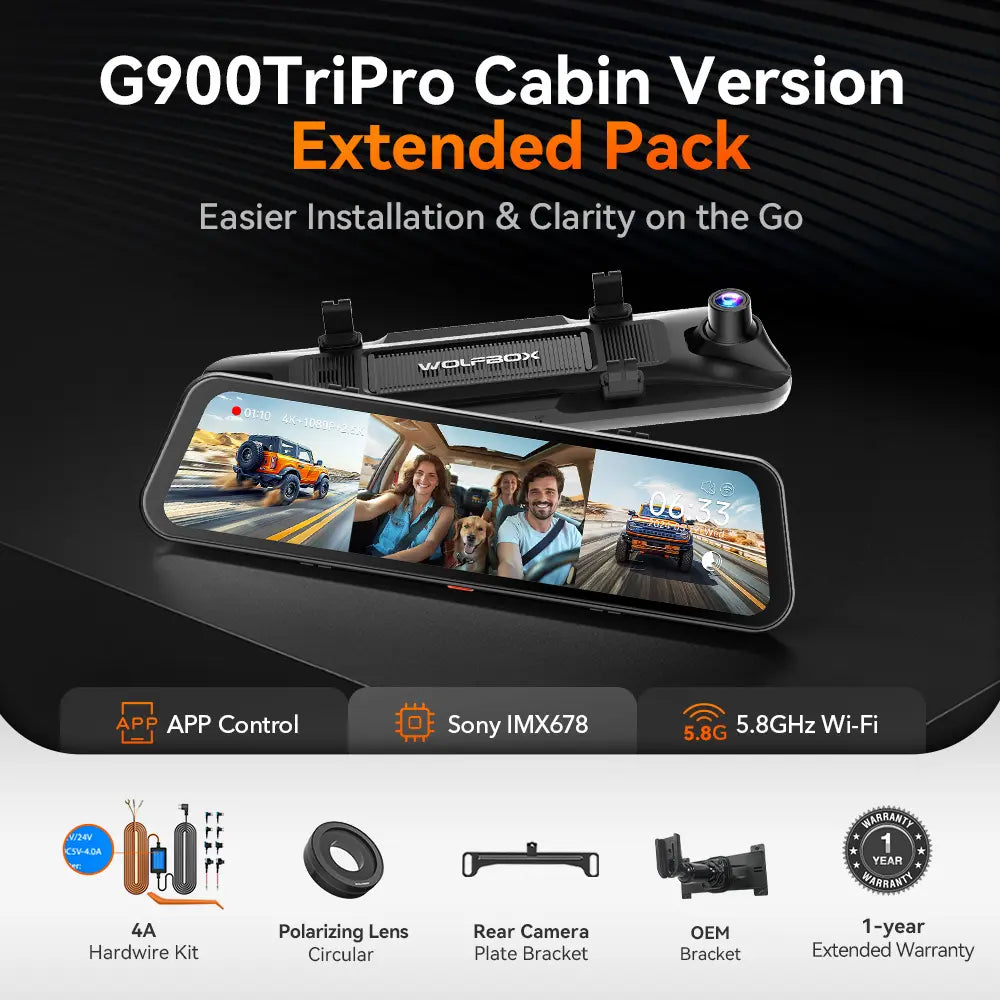 WOLFBOX G900TriPro 4K+2.5K+1080P 3 Channel Cabin Monitor Mirror Dash Camera