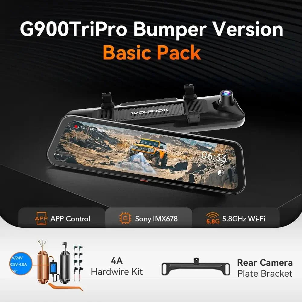 WOLFBOX HDR Rearview Mirror Dash Cam with 5.8GHz WiFi App Control 4K G900TriPro