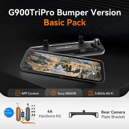 WOLFBOX HDR Rearview Mirror Dash Cam with 5.8GHz WiFi App Control 4K G900TriPro