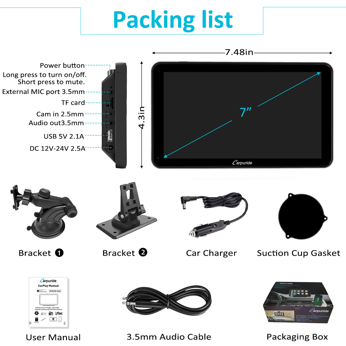 Carpuride Portable Wired CarPlay - Apple CarPlay/Android Auto /7"IPS Touch Screen/ Multimedia Bluetooth Navigation Dashboard