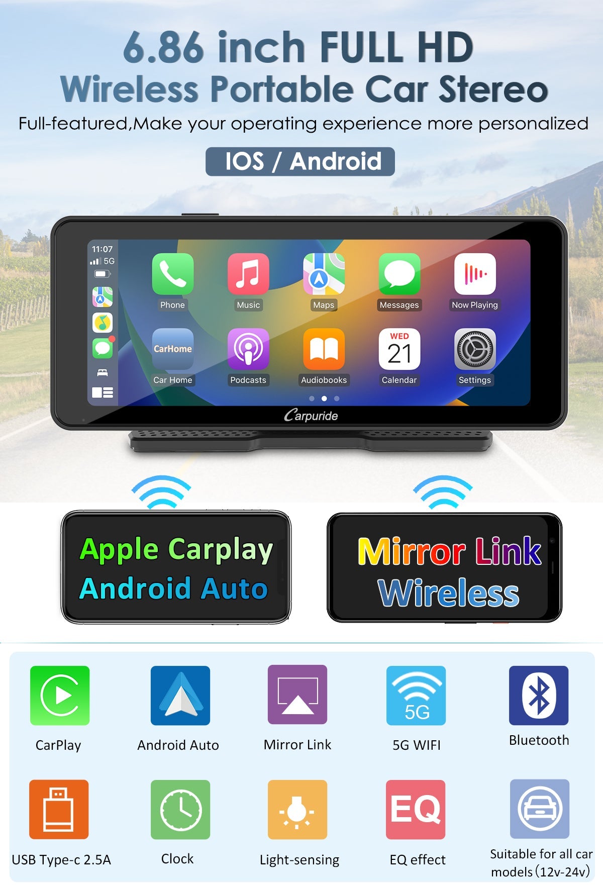 CARPURIDE W609 Portable Smart Multimedia Dashboard Console With Backup Camera