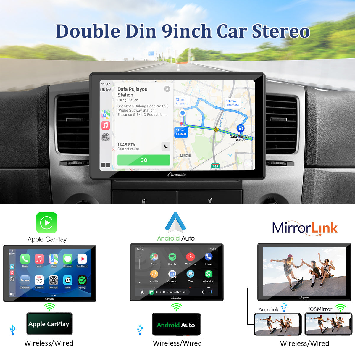 CARPURIDE YT09S Double Din Car Stereo with Wireless Apple CarPlay&Android Auto,9" IPS Touch Screen, GPS Navigation, BT, USB