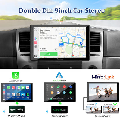 CARPURIDE YT09S Double Din Car Stereo with Wireless Apple CarPlay&Android Auto,9" IPS Touch Screen, GPS Navigation, BT, USB