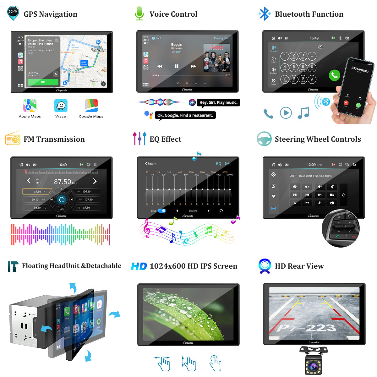 CARPURIDE YT09S Double Din Car Stereo with Wireless Apple CarPlay&Android Auto,9" IPS Touch Screen, GPS Navigation, BT, USB