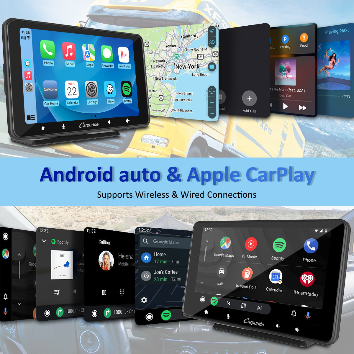 CARPURIDE W708 Pro Portable Smart Multimedia Dual Bluetooth Dashboard Console With Backup Camera