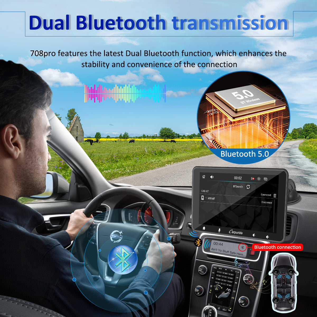 CARPURIDE W708 Pro Portable Smart Multimedia Dual Bluetooth Dashboard Console With Backup Camera