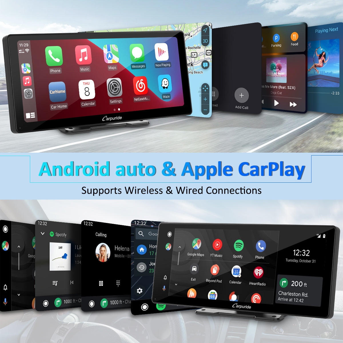 CARPURIDE W103 Pro Portable Smart Multimedia Dual Bluetooth Dashboard Console With Backup Camera