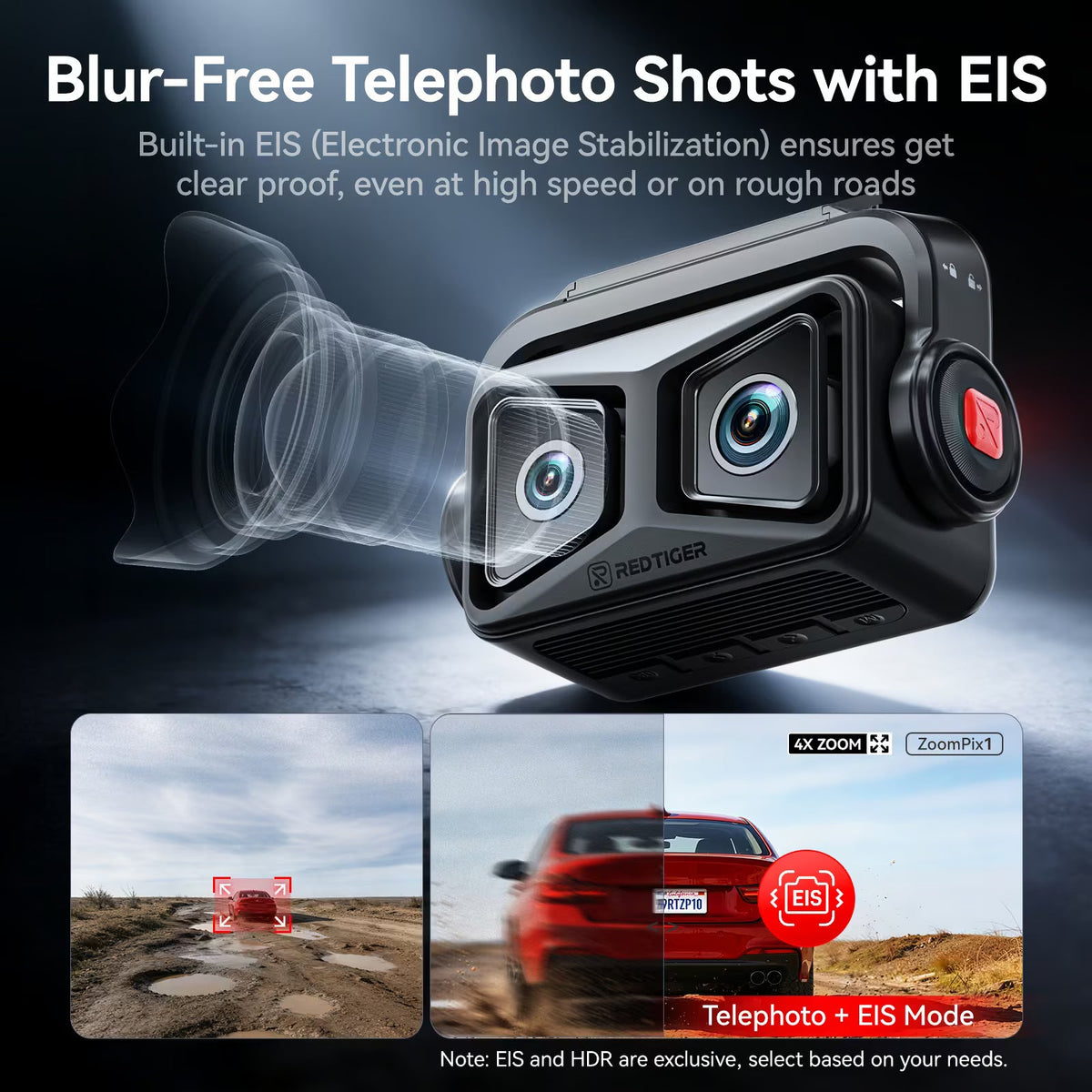 Redtiger ZoomPix1 Tele 3CH EIS Dash Cam-2.5K+1080P 4x Optical Zoom+1080P,STARVIS 2 HDR