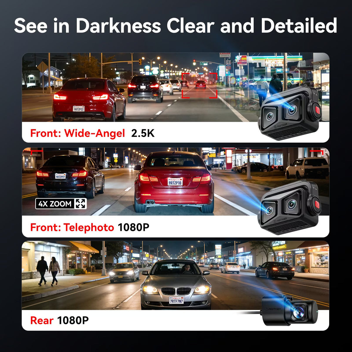 Redtiger ZoomPix1 Tele 3CH EIS Dash Cam-2.5K+1080P 4x Optical Zoom+1080P,STARVIS 2 HDR