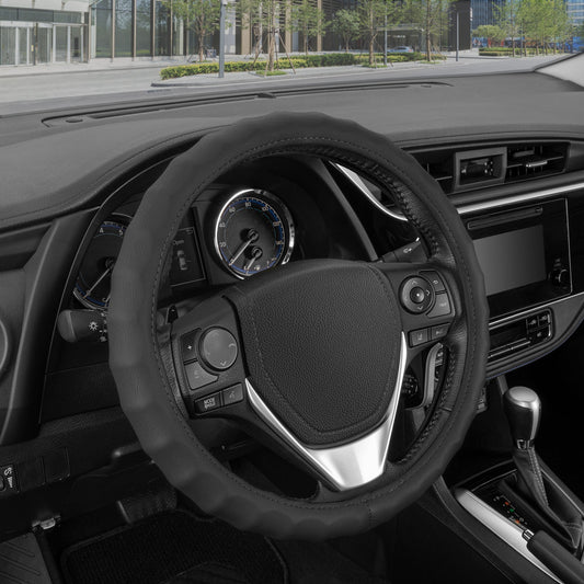 BDK Genuine Leather Ergonomic Non-Slip Grip Steering Wheel Cover (Fits 14.5" - 15.5")