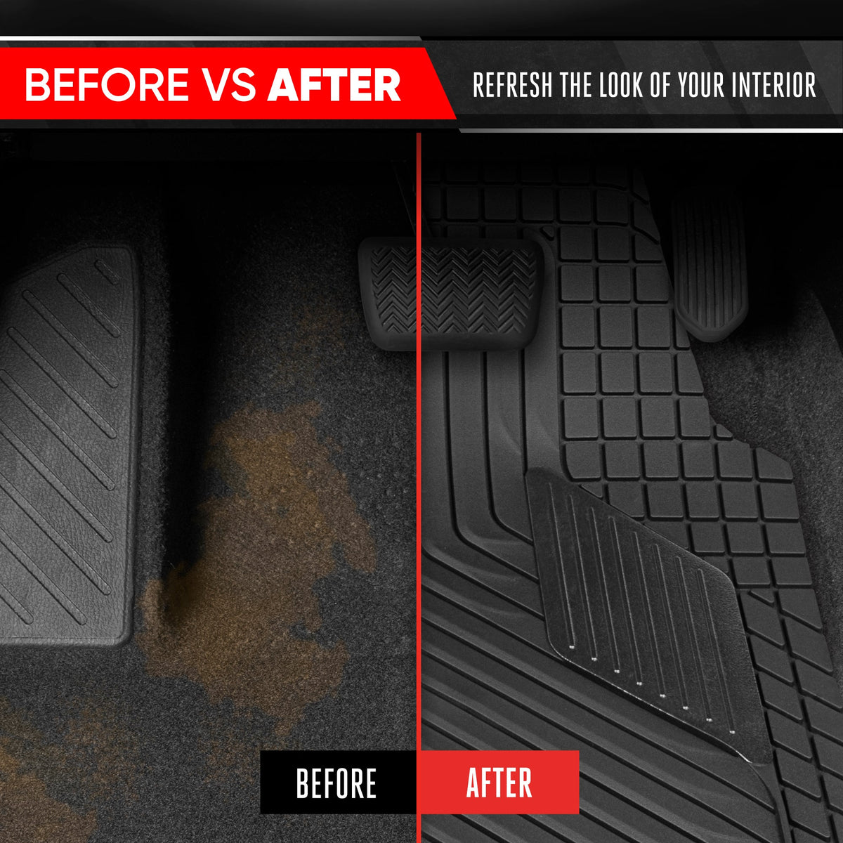 Motor Trend MetallicGuard Car Floor Mats Full Set - Durable Rubber Floor Mats with Black Metallic Heel Pad, All-Weather Interior Protection for