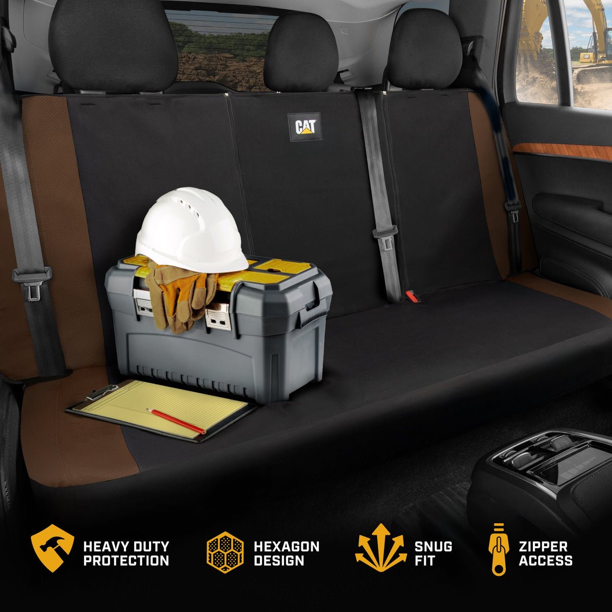 Cat Flexfit Brown Rear Seat Cover for Car – Durable Canvas & Mesh Design 60/40 Split Bench Protector for Cars, Trucks & SUVs – Back Seat Cover