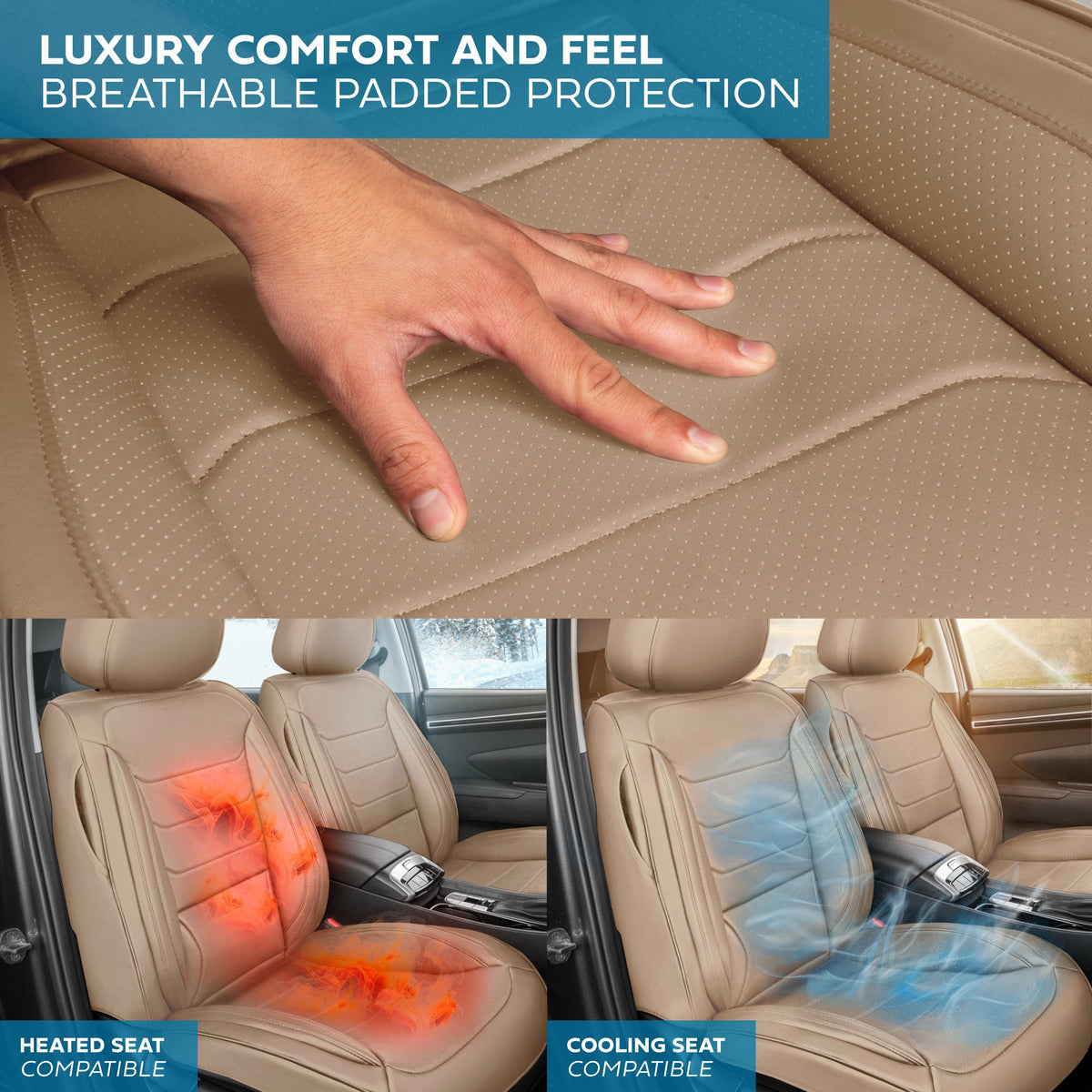 MotorBox Elite Edition Faux Leather Seat Covers for Cars, Trucks, & SUV - 2 Beige Car Seat Covers for Front Seats - Universal Fit Car Accessories