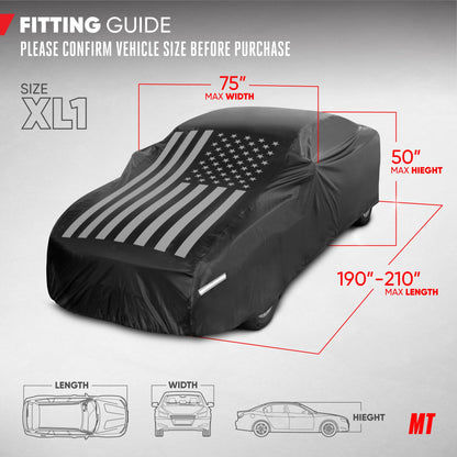Motor Trend Black USA Flag Waterproof Car Cover - All Weather Outdoor Protection, UV Resistant, Windproof, Scratchproof - Semi-Universal Fit