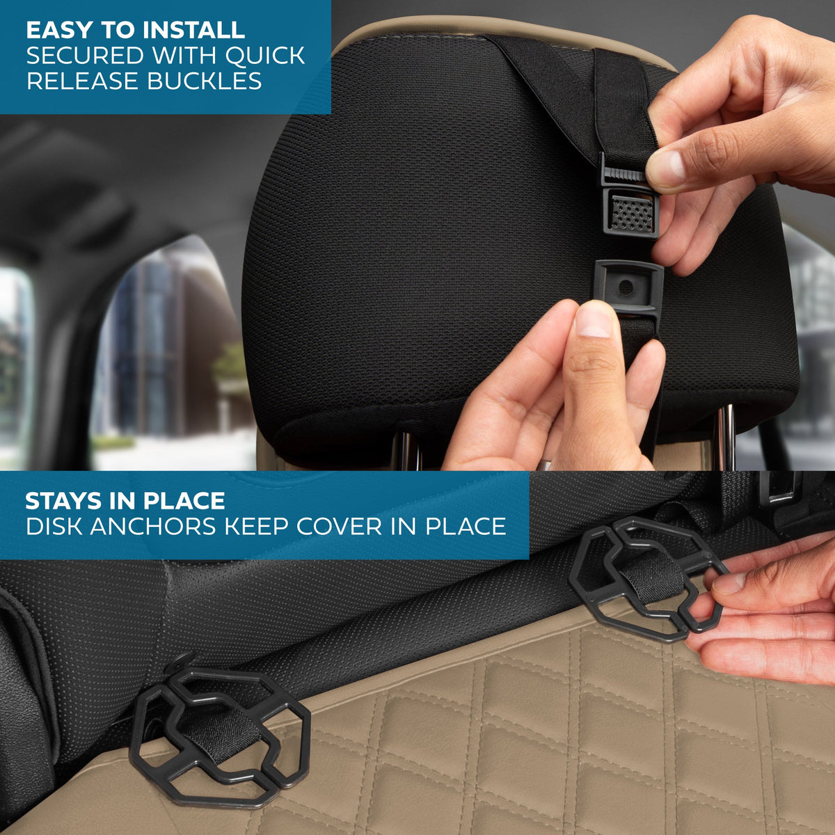 MotorBox Premium Napa Leather Rear Seat Cover - Semi Universal Fit for Most Cars, Truck & SUV - Beige Back Seat Protector - Anti-Slip, Durable