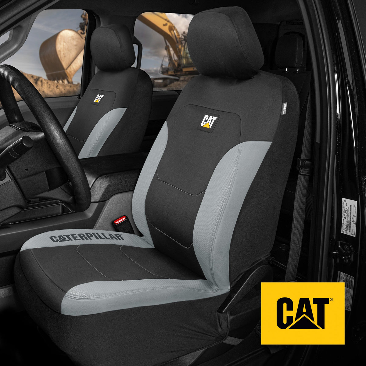 CAT Black & Gray Car Seat Covers Full Set – Front Seat Covers & Rear Bench Seat Cover – Airbag Compatible, 60/40 Split Bench for Trucks, Cars &