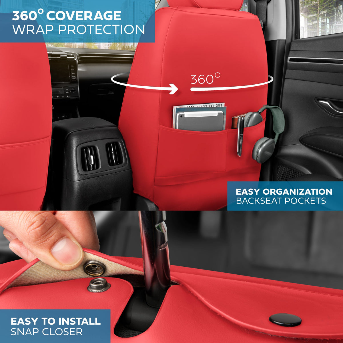 MotorBox Elite Edition Faux Leather Seat Covers for Cars, Trucks, & SUV - 2 Red Car Seat Covers for Front Seats - Universal Fit Car Accessories