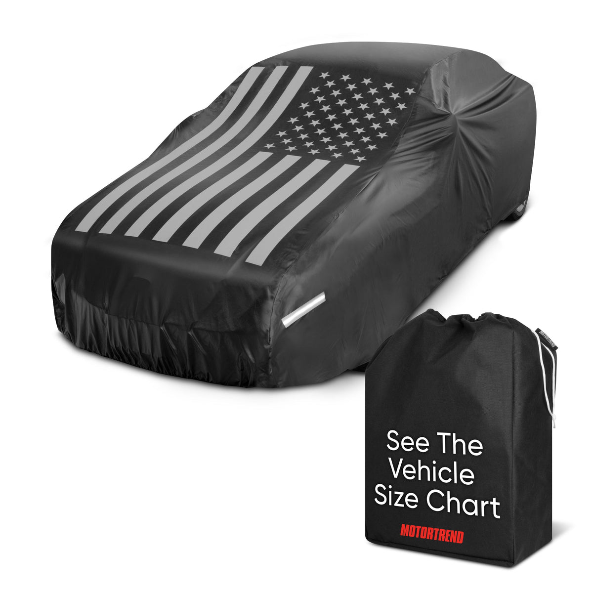 Motor Trend Black USA Flag Waterproof Car Cover - All Weather Outdoor Protection, UV Resistant, Windproof, Scratchproof - Semi-Universal Fit