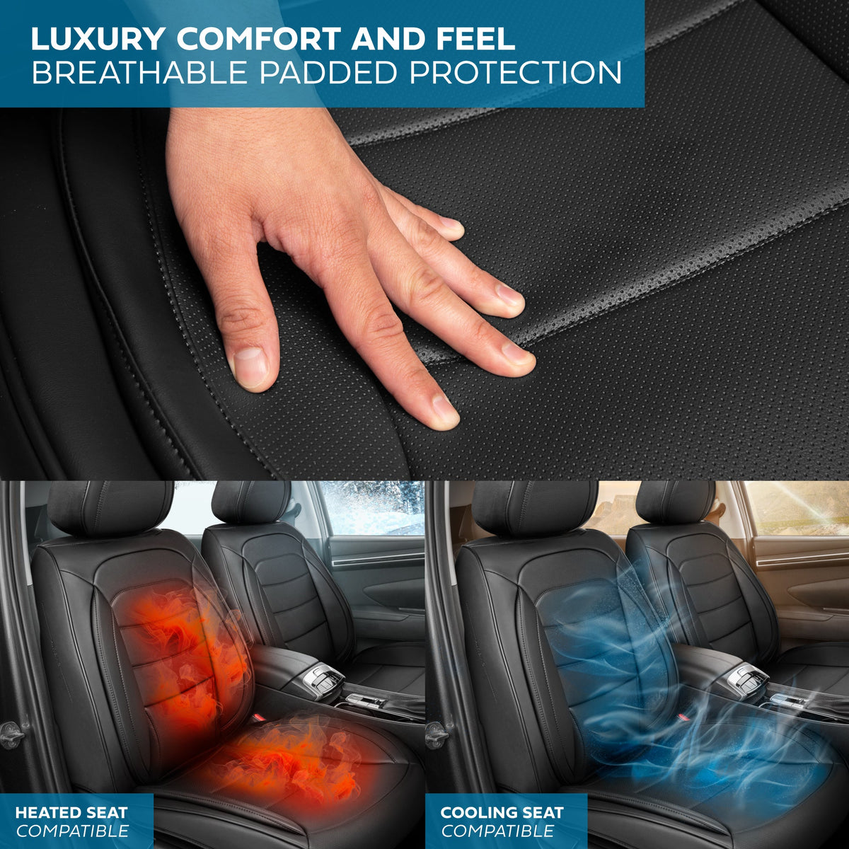 MotorBox Elite Edition Faux Leather Seat Covers for Cars, Trucks, & SUV - 2 Black Car Seat Covers for Front Seats - Universal Fit Car Accessories