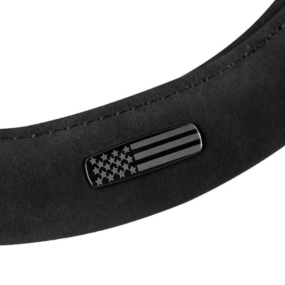 Cat® Honor Line Flux Leather Steering Wheel Cover w Metal Flag Emblem, Black Leatherette, Standard 14.5–15.5 Inch, Non Slip Comfort, Car Steering