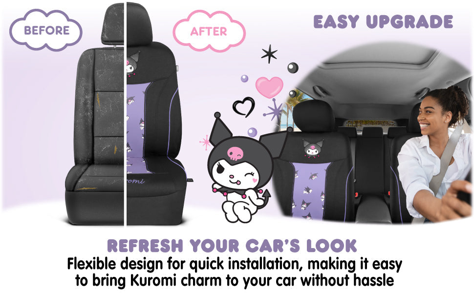 Hello Kitty Kuromi Car Seat Covers - Cute Black and Purple Front Seat Covers with Lavender Accents, Durable and Comfortable Polyester, Car