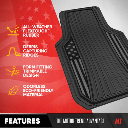 Motor Trend Flag Floor Mats Full Set - Durable Black Rubber Car Floor Mats for Trucks Cars SUV with Two Tone Accent, All Weather Interior