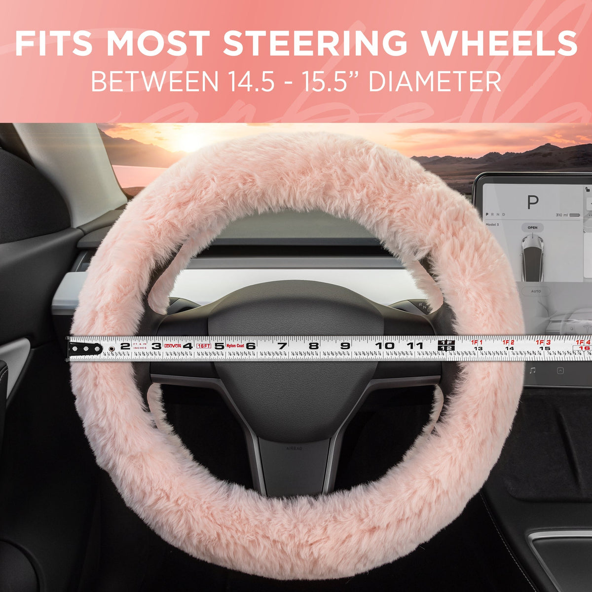 Carbella Soft Pink Fuzzy Steering Wheel Cover, Standard 15 Inch Size Fits Most Vehicles, Cute Faux Fur Car Steering Cover with Soft Fluffy Furry