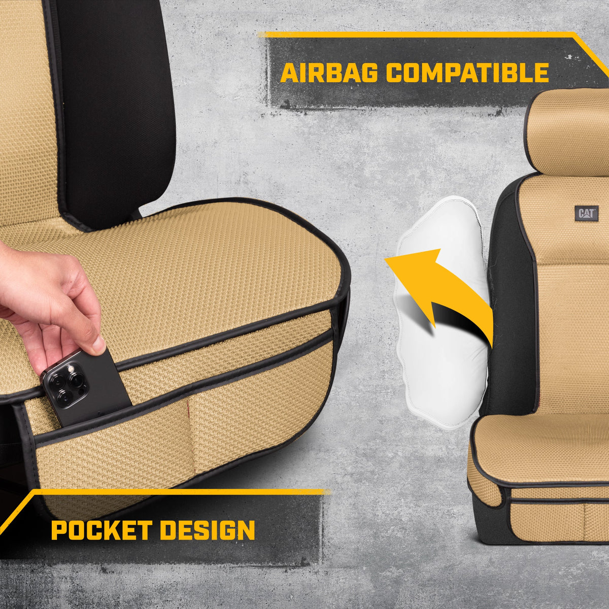 Caterpillar AeroMesh Beige Seat Covers for Trucks, Car, & SUV - (2) Front Truck Seat Cover Protector - Breathable Mesh Universal Fit Car Seat