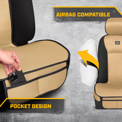 Caterpillar AeroMesh Beige Seat Covers for Trucks, Car, & SUV - (2) Front Truck Seat Cover Protector - Breathable Mesh Universal Fit Car Seat