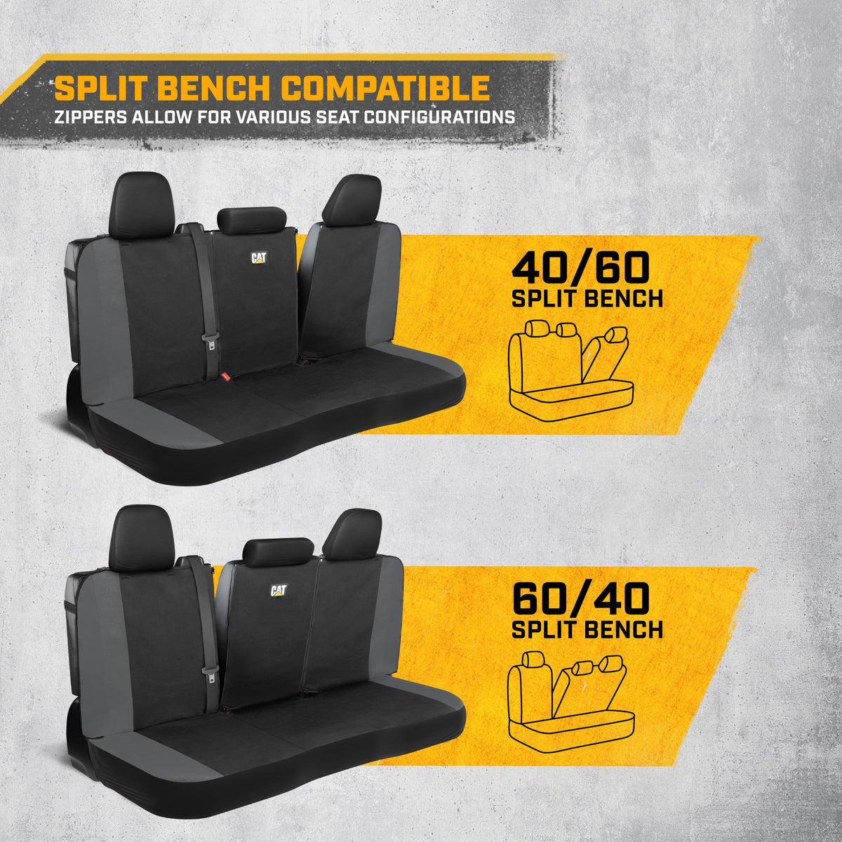 CAT Black & Gray Car Seat Covers Full Set – Front Seat Covers & Rear Bench Seat Cover – Airbag Compatible, 60/40 Split Bench for Trucks, Cars &