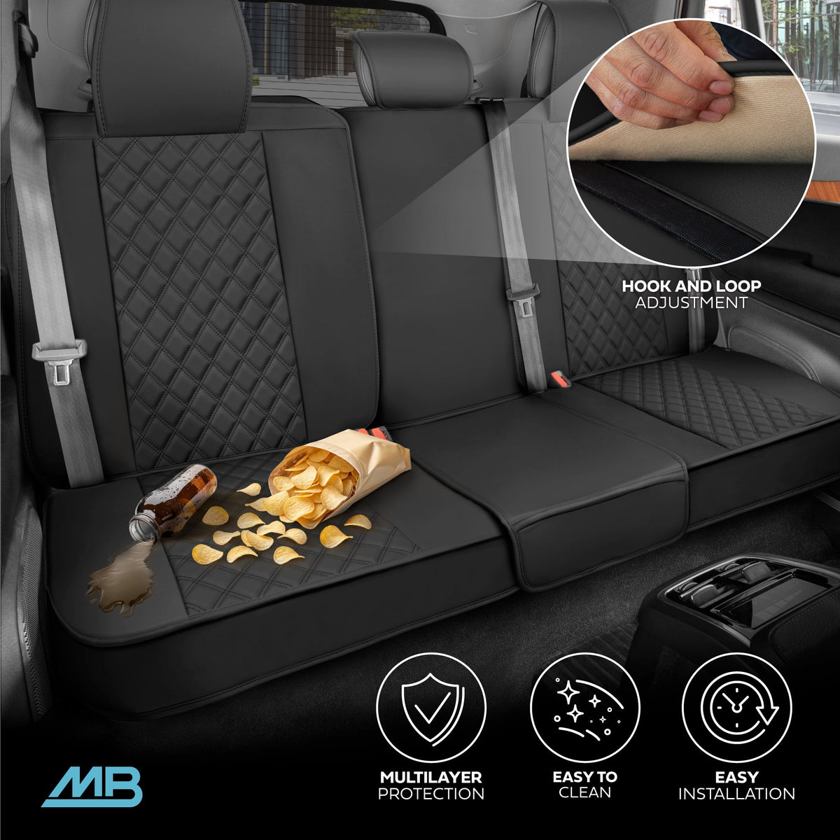 MotorBox Premium Napa Leather Rear Seat Cover - Semi Universal Fit for Most Cars, Truck & SUV - Black Back Seat Protector - Anti-Slip, Durable