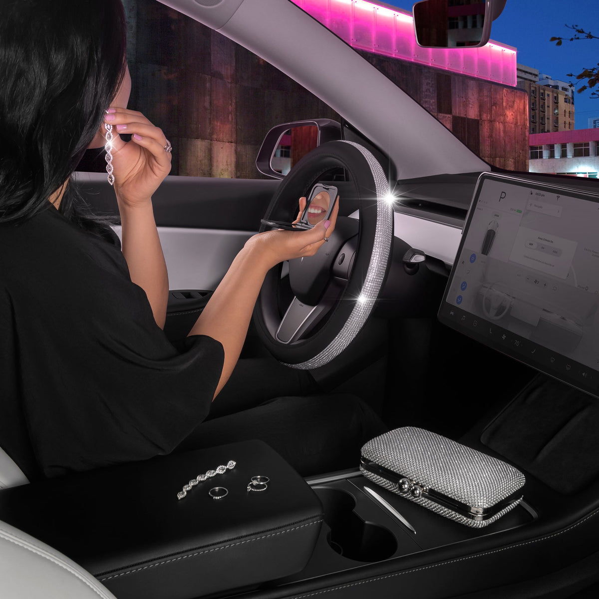 Bling Bling Glitter Diamond Leather Steering Wheel Cover with 9 Rows Crystal Rhinestones, Fits Wheels 14.5 - 15 inch for Women
