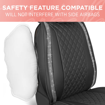 BlingStitch™ Car Seat Covers for Front Seats - Luxurious Vegan Leather Seat Covers for Cars with Black Bling Crystals, Premium Automotive Seat