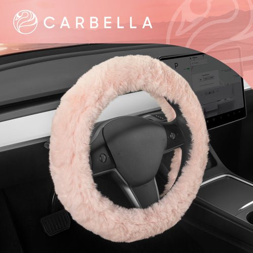 Carbella Soft Pink Fuzzy Steering Wheel Cover, Standard 15 Inch Size Fits Most Vehicles, Cute Faux Fur Car Steering Cover with Soft Fluffy Furry
