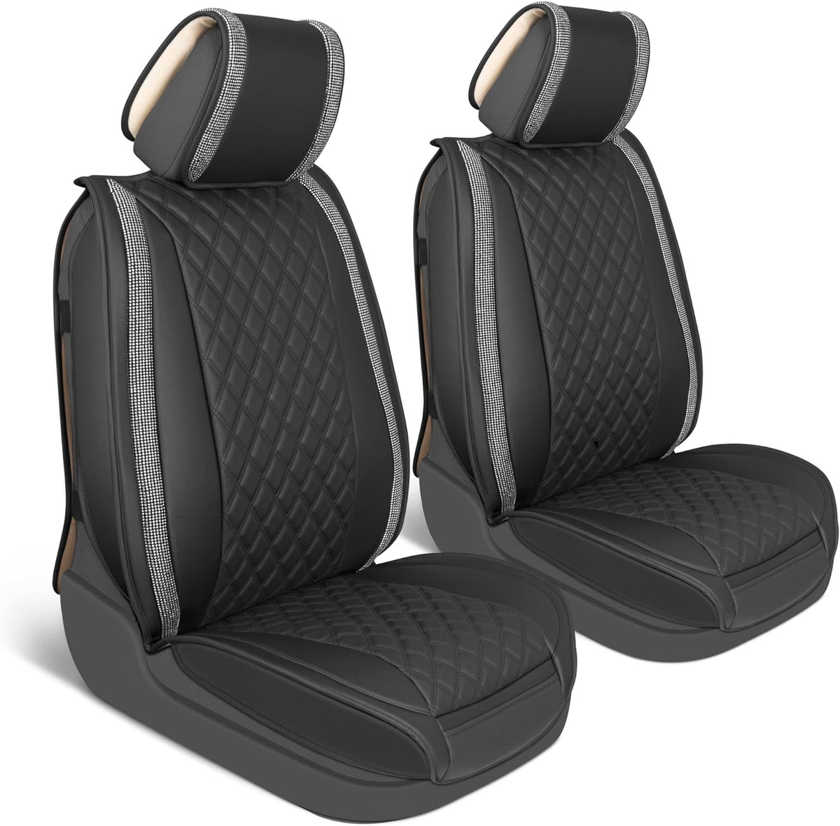 BlingStitch™ Car Seat Covers for Front Seats - Luxurious Vegan Leather Seat Covers for Cars with Black Bling Crystals, Premium Automotive Seat
