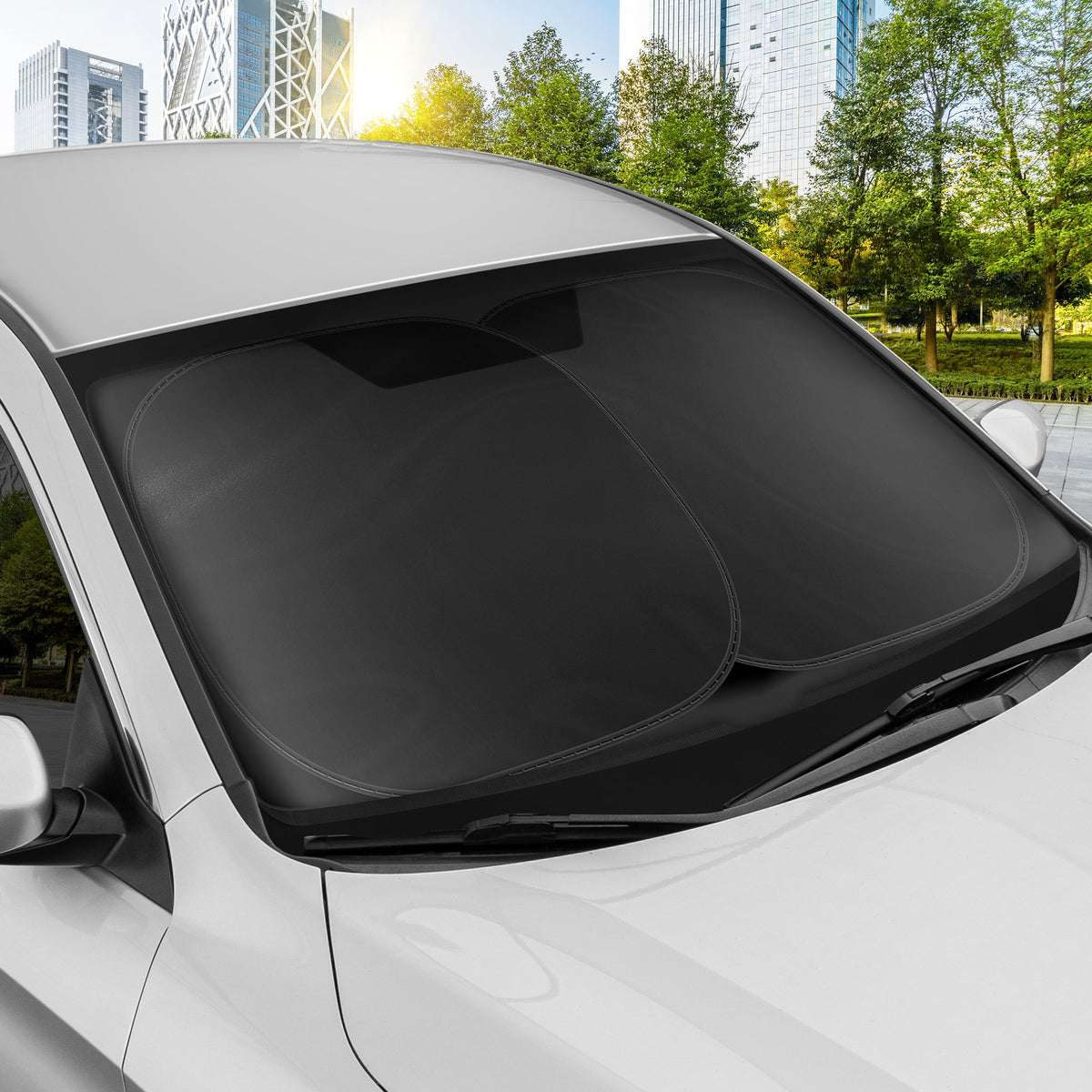 Carbella 2PC Black Car Windshield Sun Shade - Car Accessories Sunshade for Windshield - Blocks UV Rays Sun Visor for Window Protector - Easy