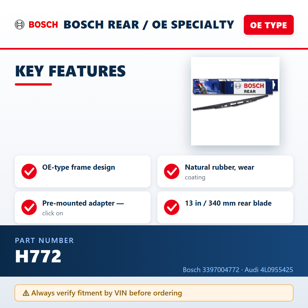 Bosch H772 Rear Wiper Blade 13 in (3397004772) | Audi A3, A4, S4, Q7