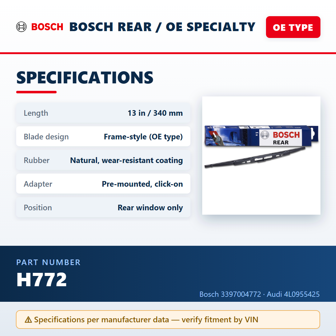 Bosch H772 Rear Wiper Blade 13 in (3397004772) | Audi A3, A4, S4, Q7