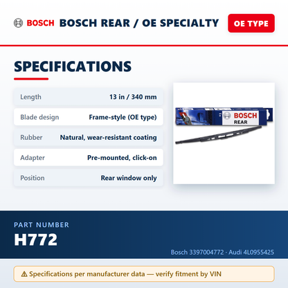 Bosch H772 Rear Wiper Blade 13 in (3397004772) | Audi A3, A4, S4, Q7