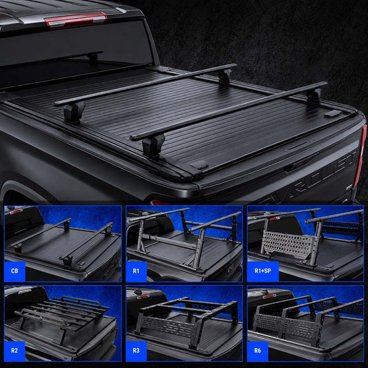SYNETICUSA [Stealth Black 2-in-1 Bundle] Silverado/Sierra 2500 3500 MRB Retractable Tonneau Cover w/ Rack System