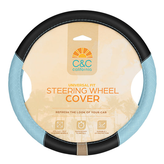 C&C California Car Steering Wheel Cover Blue Diamond Quilt, Non Slip Leather Steering Wheel Cover for Women Men, Cute Comfortable Soft Easy